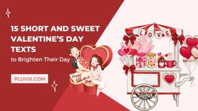 Romantic Valentine's Day image with text "15 Short and Sweet Valentine's Day Texts." Includes a smiling couple, heart-shaped treats, and a cart with love-themed decorations.