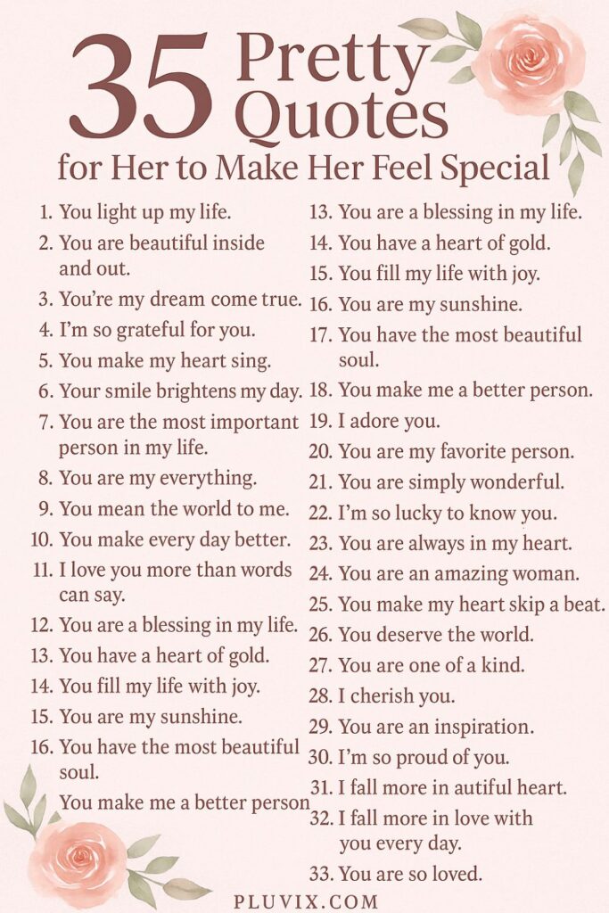 Beautiful Pinterest pin image with a soft pink background and delicate watercolor rose accents, featuring the title “35 Pretty Quotes for Her to Make Her Feel Special” in elegant serif font, followed by a neatly numbered list of heartfelt, uplifting quotes for women. The PLUVIX.COM website credit appears at the bottom.
