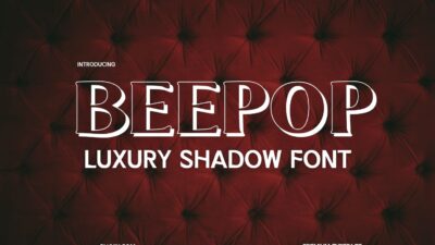 Introducing BeePop Luxury Shadow Font with bold text and a deep red textured background.