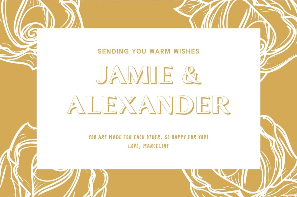 ‘Jamie & Alexander’ written in BeePop Luxury Shadow Font with floral golden background, perfect for wedding invitations.