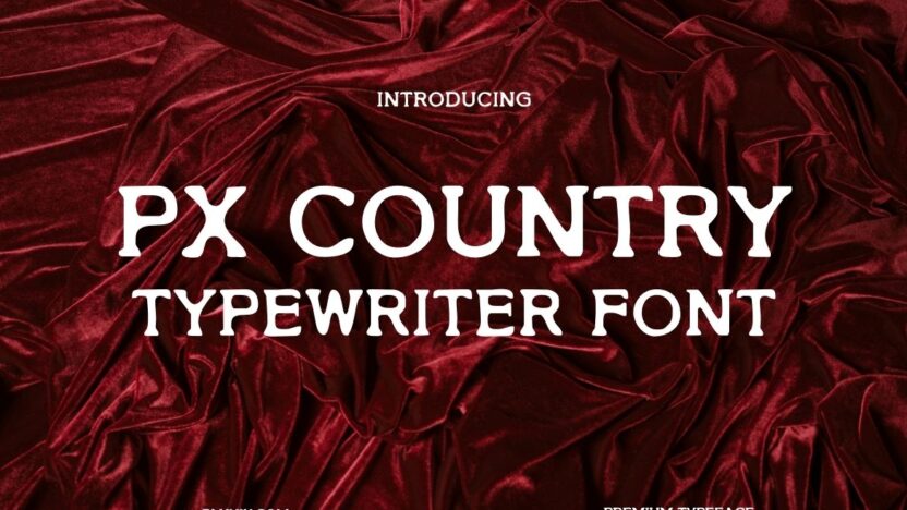 Introducing PX Country Typewriter Font displayed on a rich red velvet background with bold typewriter-inspired letters.