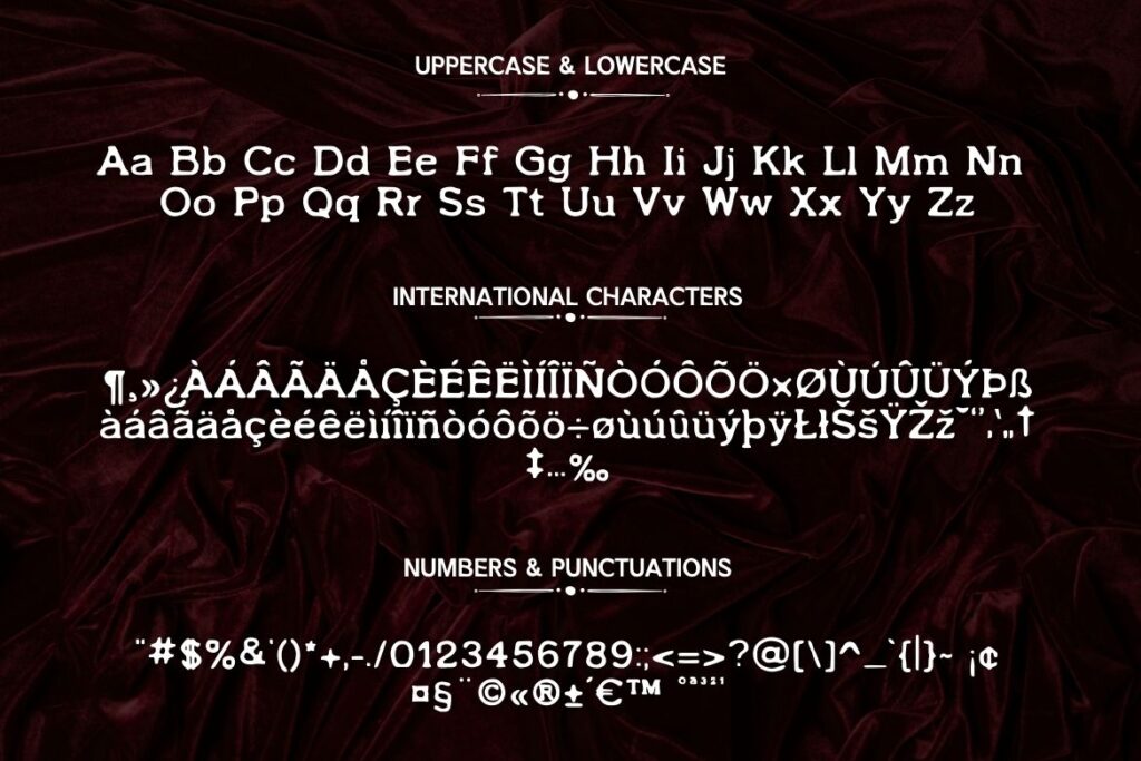 Complete character set of PX Country Typewriter Font including uppercase, lowercase, international characters, numbers, and punctuation on a dark velvet background.