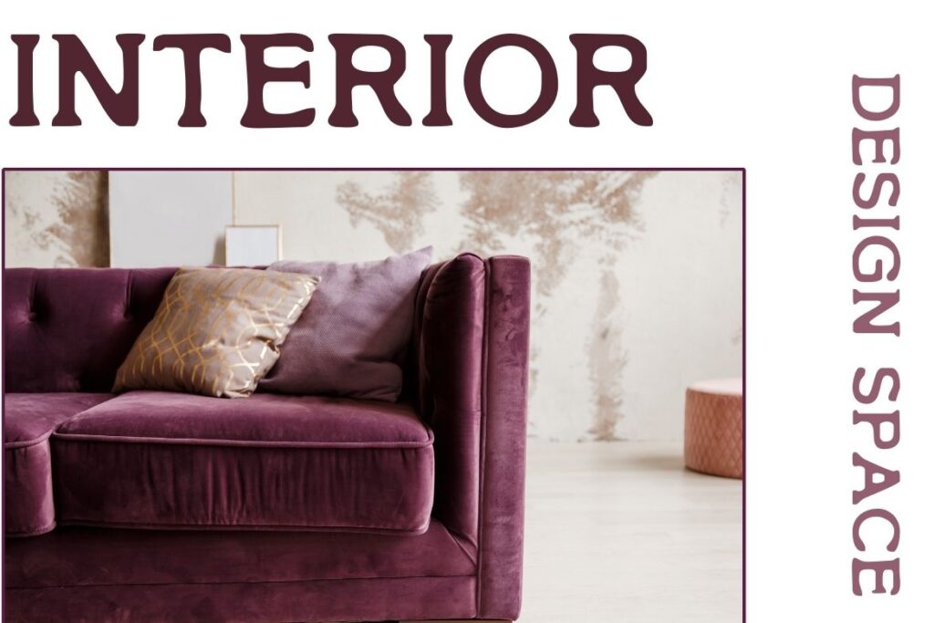 "The word 'Interior' in PX Country Typewriter Font above a modern purple couch with a clean and minimal layout."