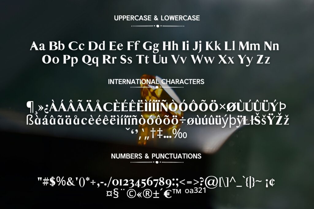 Preview of Pluvix Luxury Font showing uppercase, lowercase letters, international characters, numbers, and punctuation.