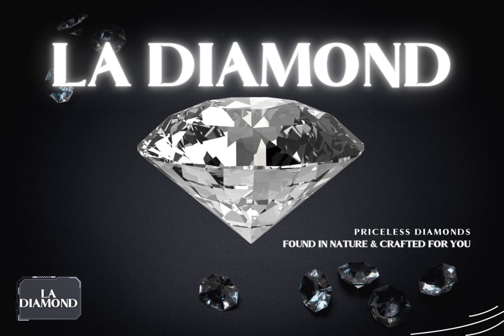 Pluvix Luxury Font used for the text 'LA DIAMOND' with a glowing diamond graphic and premium black background.