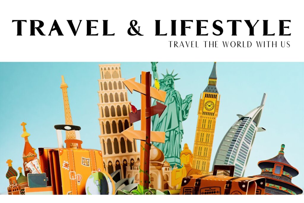 Pluvix Luxury Font displaying 'TRAVEL & LIFESTYLE' with colorful illustrations of famous landmarks and travel icons.