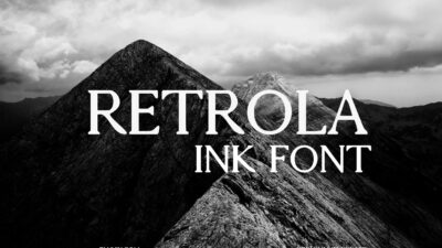 A black-and-white image of two rugged mountain peaks under a cloudy sky, with "RETROLA INK FONT" displayed in a bold serif typeface. The font has a strong presence, emphasizing elegance and sophistication. The website "PLUVIX.COM" is subtly placed at the bottom left.