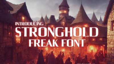 Introducing Stronghold Freak Font, displayed on a medieval town background with glowing lights and bold, impactful letters.