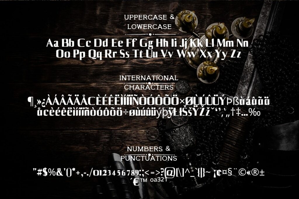 Full character set of Stronghold Freak Font including uppercase, lowercase, numbers, punctuation, and international glyphs on a dark medieval-themed background with chainmail and candles.