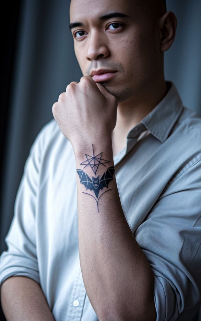 This image has an empty alt attribute; its file name is Bat-Tattoo-on-Forearm-640x1024.jpg