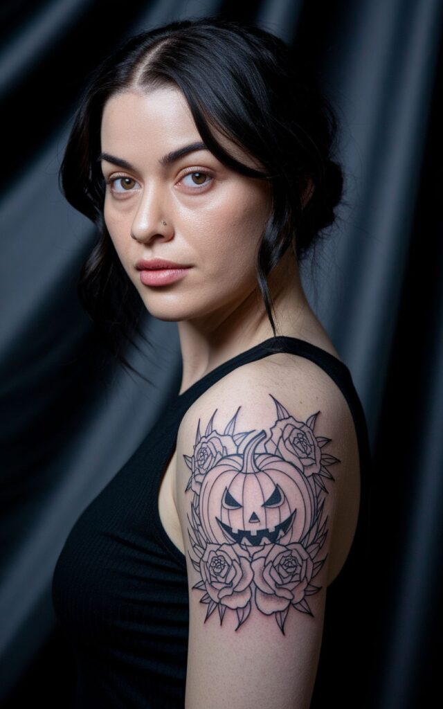 This image has an empty alt attribute; its file name is jack-o-lantern-surrounded-by-thorny-roses-tattoo-640x1024.jpg