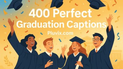 A vibrant digital illustration of four diverse graduates in caps and gowns celebrating, tossing their mortarboards into the air with confetti and sparkles in the background. The headline “400 Perfect Graduation Captions” and “Pluvix.com” are prominently displayed, conveying a joyful graduation achievement theme.