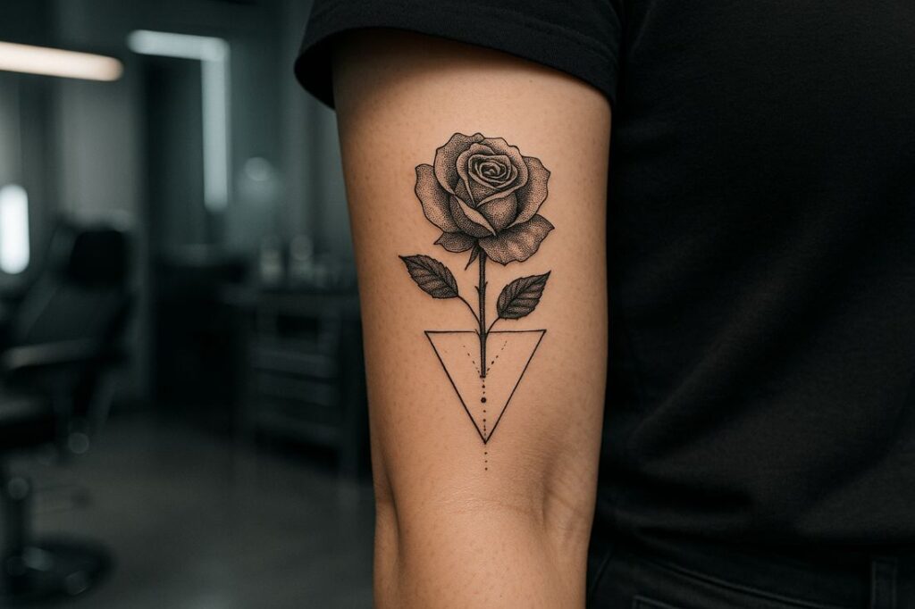 A small black rose tattoo placed just behind a woman’s ear, with her hair tucked back for a clean view.