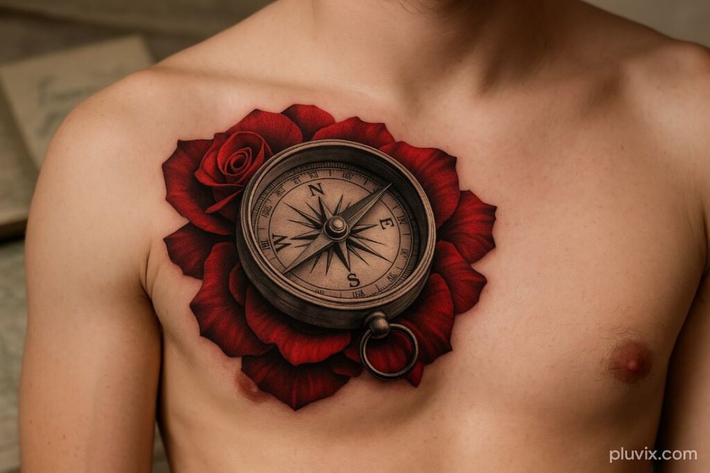 A detailed tattoo of a compass intertwined with rose petals on a man’s upper chest, blending themes of love and direction.