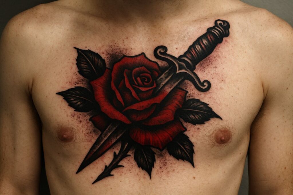 A geometric black rose tattoo with a triangle and dotwork elements on a person’s forearm, in a modern tattoo studio.