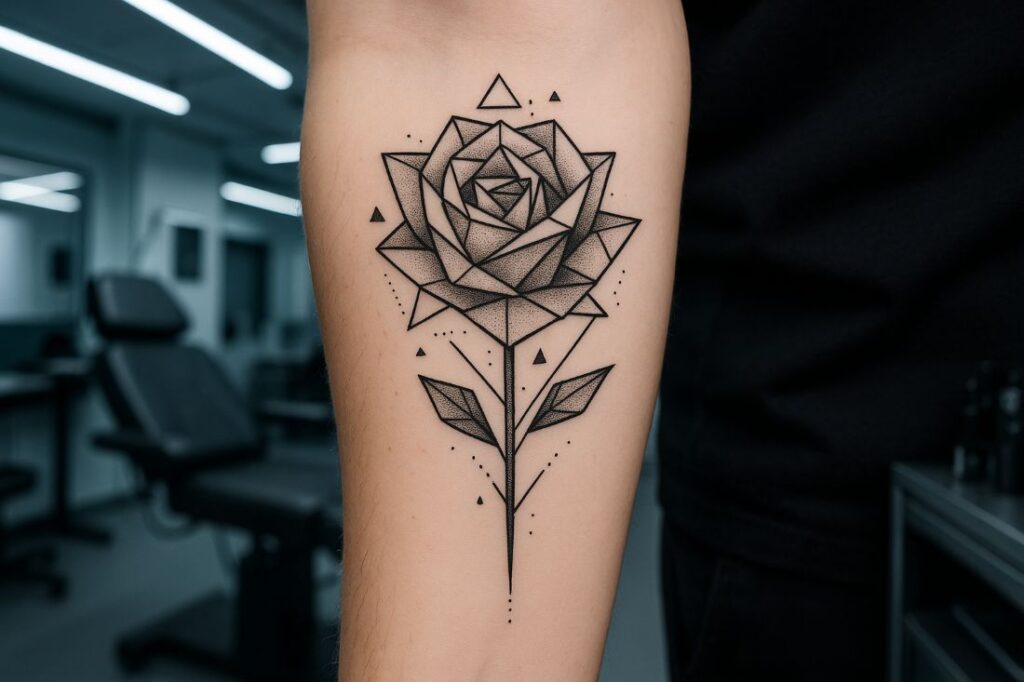 A pink rose tattoo just above a woman’s collarbone, softly lit with golden sunlight on glowing skin.