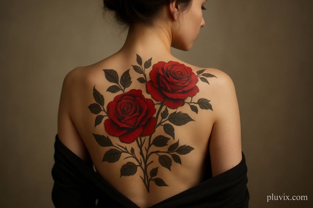 A wide-angle view of a woman’s back with two large red and black rose tattoos and vines, photographed under elegant lighting.