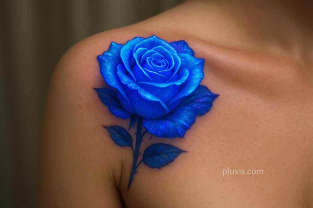 A surreal and vibrant blue rose tattoo on a woman’s upper arm, glowing with teal highlights in a dreamy studio shot.