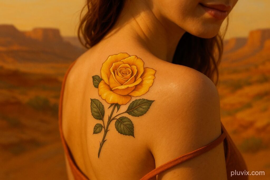 A bright yellow rose tattoo on a woman’s shoulder, captured in golden light with a soft desert-inspired color palette.