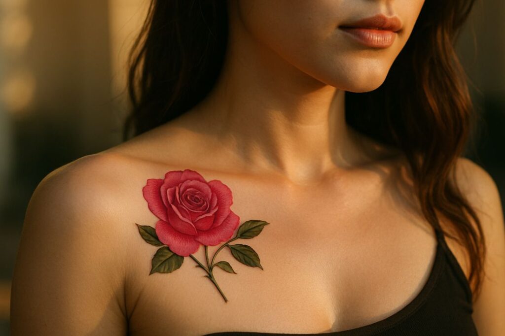 A hyper-realistic black and grey rose tattoo on a woman’s upper back, captured in soft studio lighting.